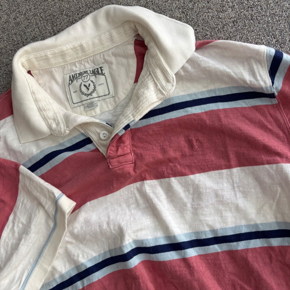 American Eagle Polo Shirt Mens XL Rugby Striped Pink White Blue Short Sleeve